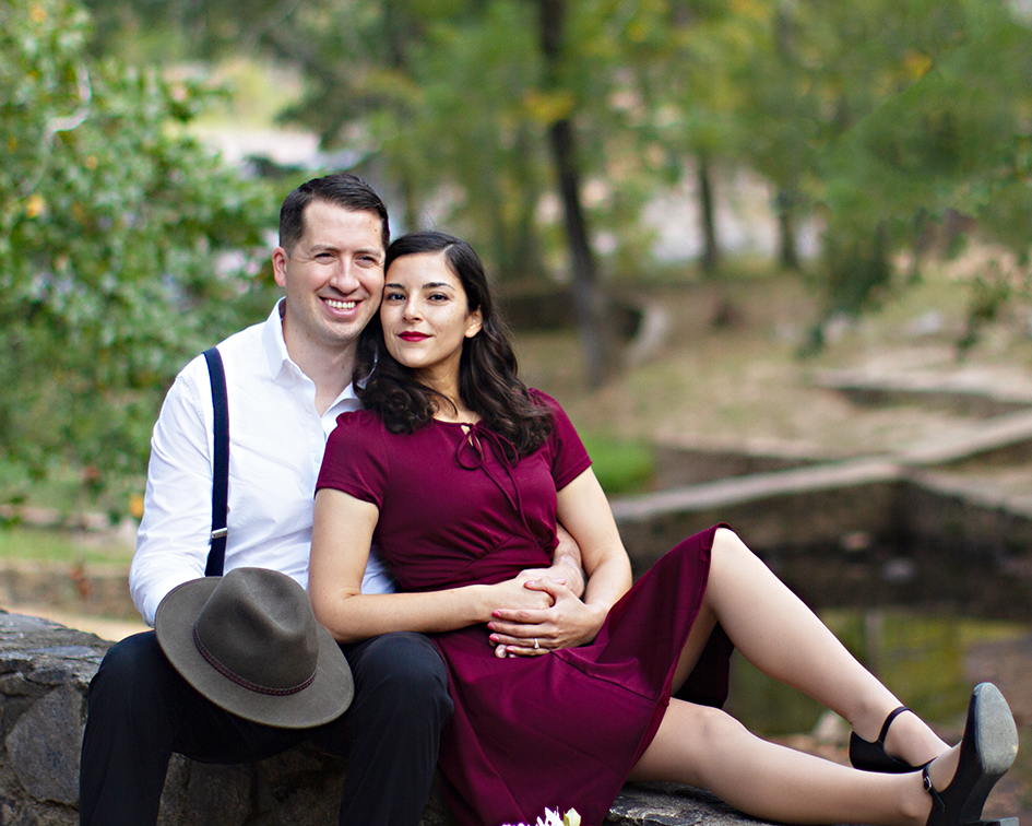 engagement photography woman in red dress man in suspenders, columbus ga photographer